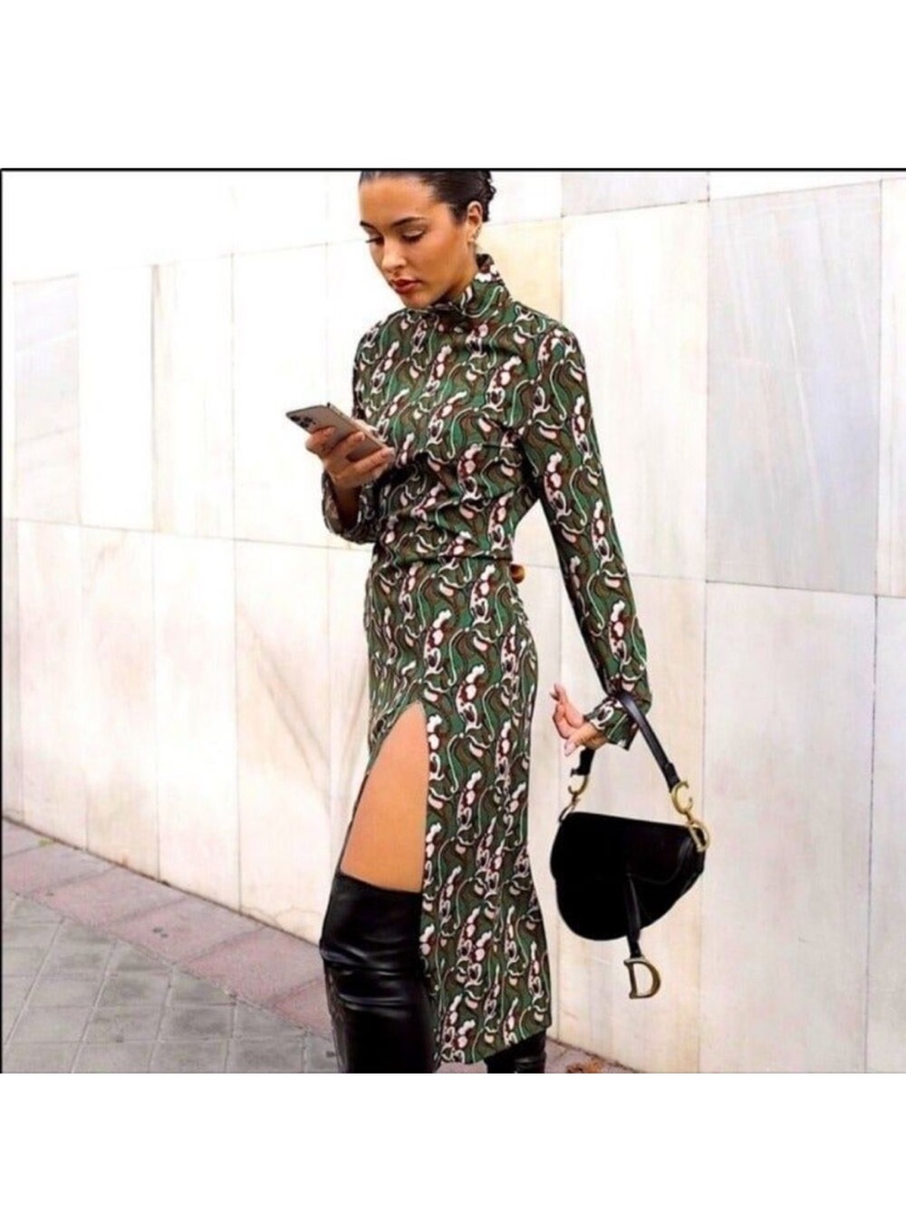 ZARA High Collar Print Dress Slit Bloggers Fav New